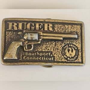 Ruger Belt Buckle Southport Connecticut Proof of Quality Revolver Hand Gun Vtg